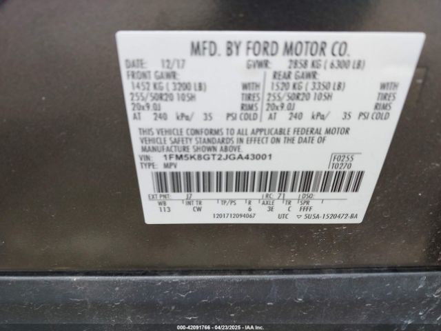 1FM5K8GT2JGA43001 Ford EXPLORER SPORT