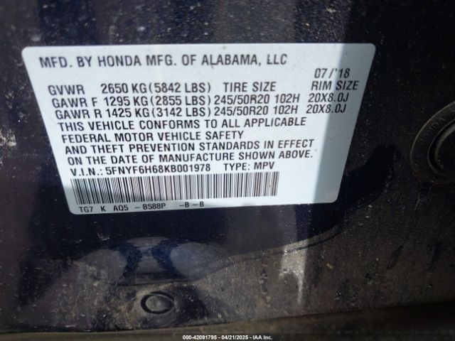 5FNYF6H68KB001978 Honda Pilot Touring
