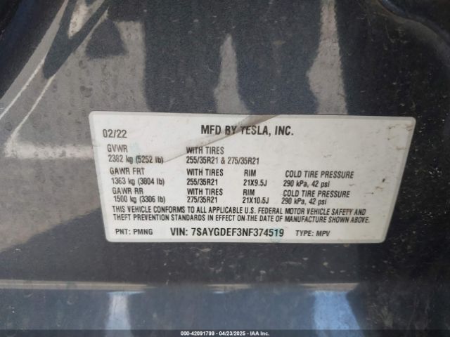 7SAYGDEF3NF374519 Tesla Model Y Performance Dual Motor All-wheel Drive