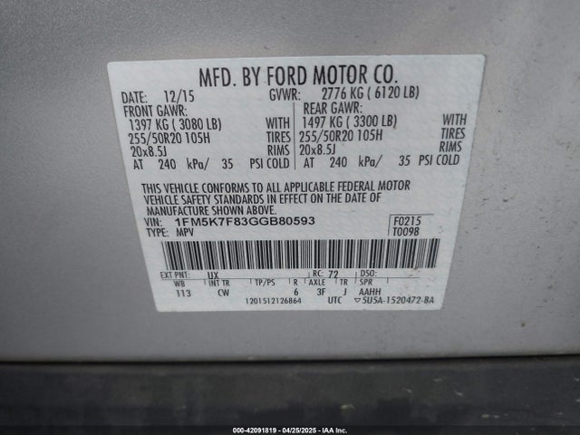 1FM5K7F83GGB80593 Ford Explorer Limited