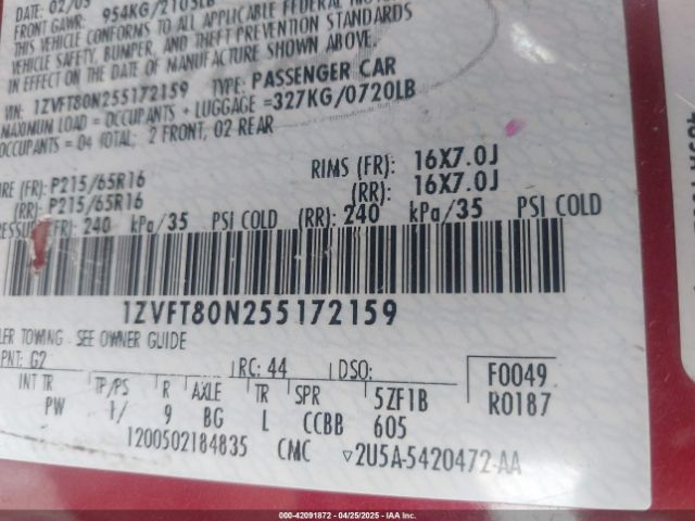 2005 FORD MUSTANG 1ZVFT80N255172159 Photo 8