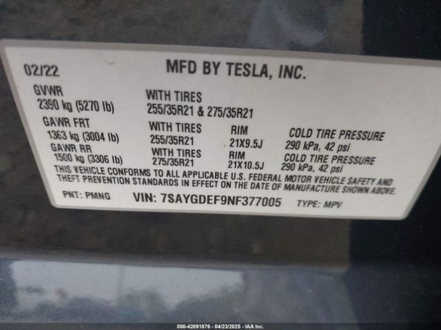 7SAYGDEF9NF377005 Tesla Model Y Performance Dual Motor All-wheel Drive