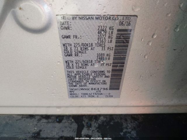 5N1AT2MVXGC864796 Nissan Rogue Sl