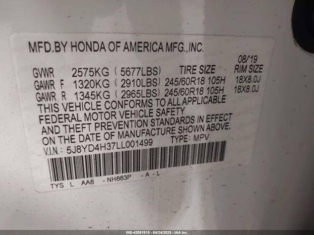 5J8YD4H37LL001499 Acura Mdx Standard