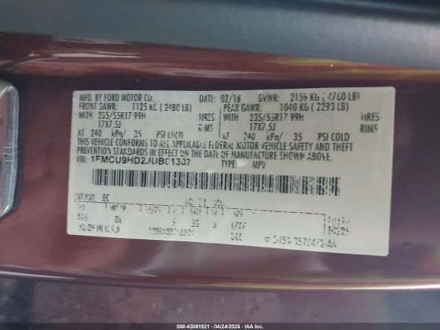 1FMCU9HD2JUB61307 Ford ESCAPE SEL