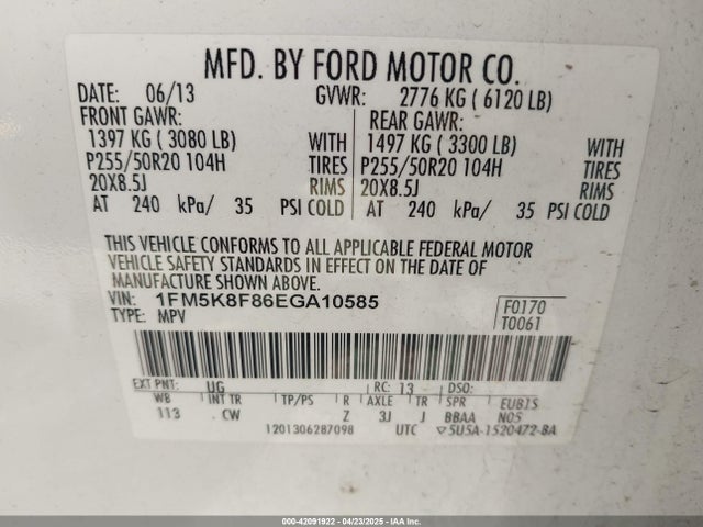 1FM5K8F86EGA10585 Ford Explorer Limited