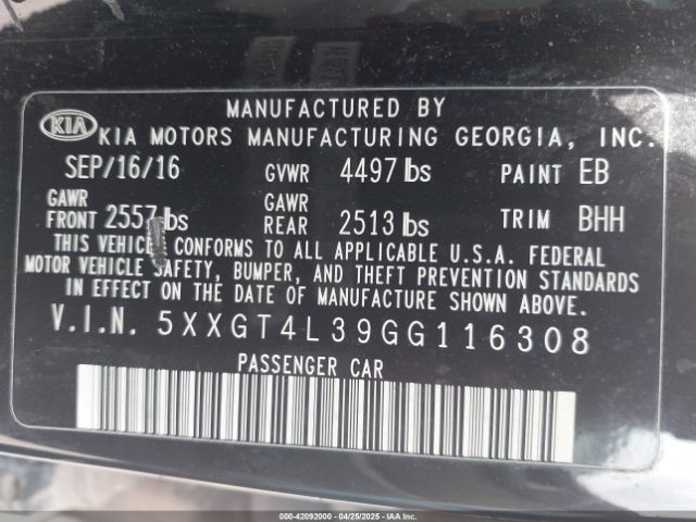 5XXGT4L39GG116308 KIA Optima Lx