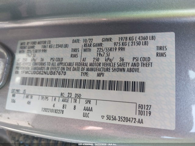 1FMCU0G62NUB87670 Ford ESCAPE SE