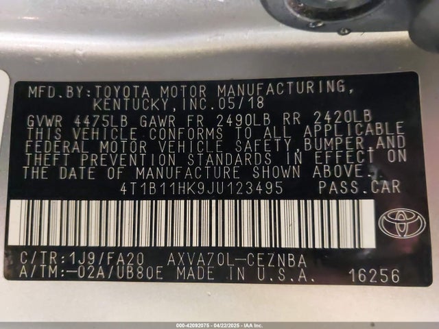 4T1B11HK9JU123495 Toyota CAMRY LE