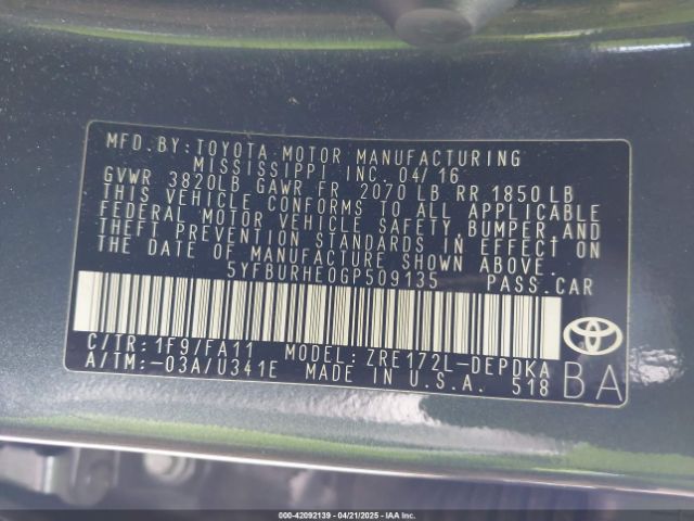 5YFBURHE0GP509135 Toyota COROLLA L