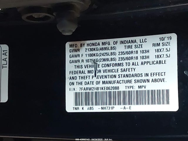 7FARW2H81KE062088 Honda Cr-v Ex-l