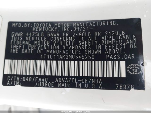 4T1C11AK3MU545250 Toyota CAMRY LE