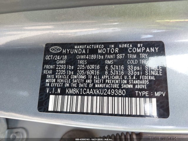 KM8K1CAAXKU249380 Hyundai Kona Se