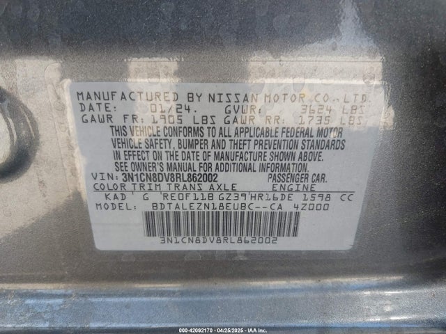 3N1CN8DV8RL862002 Nissan Versa 1.6 S