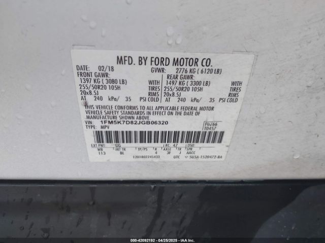 1FM5K7D82JGB06320 Ford EXPLORER XLT