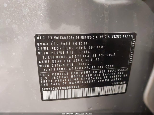 3VV2B7AXXNM059957 Volkswagen Tiguan 2.0t Se