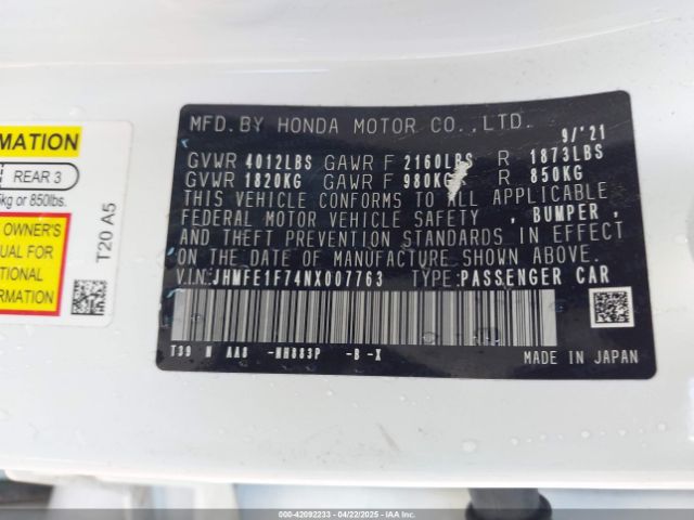 2022 HONDA CIVIC JHMFE1F74NX007763 Photo 8