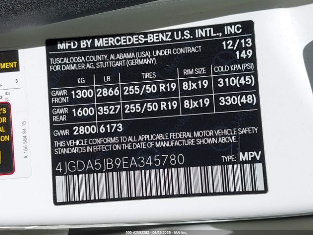 4JGDA5JB9EA345780 Mercedes-Benz ML 350