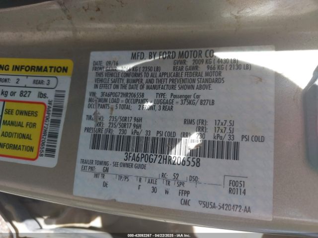 3FA6P0G72HR206558 Ford FUSION S