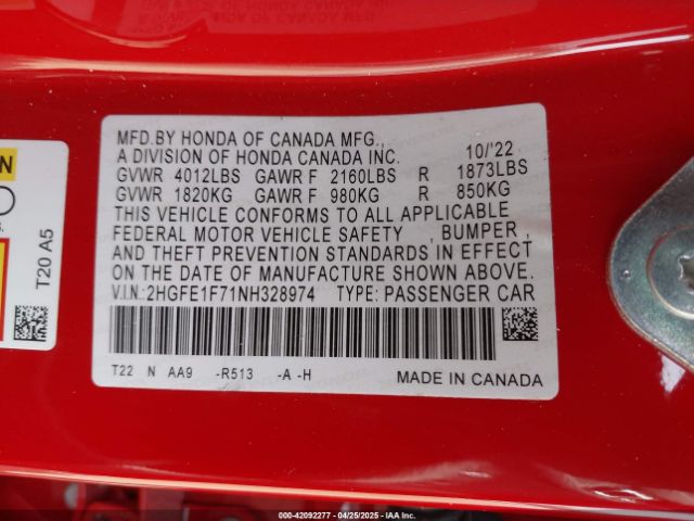 2HGFE1F71NH328974 Honda CIVIC EX