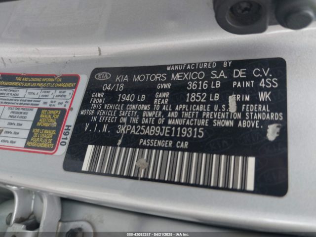 3KPA25AB9JE119315 KIA RIO LX