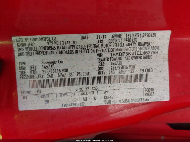 1FADP3K21EL462799 Ford FOCUS SE