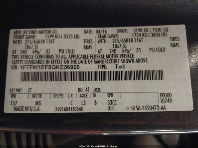 1FTFW1EF5GKE56926 Ford F-150 Xlt