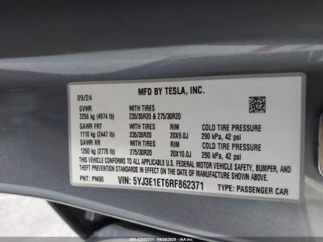 5YJ3E1ET6RF862371 Tesla Model 3 Performance All-wheel Drive