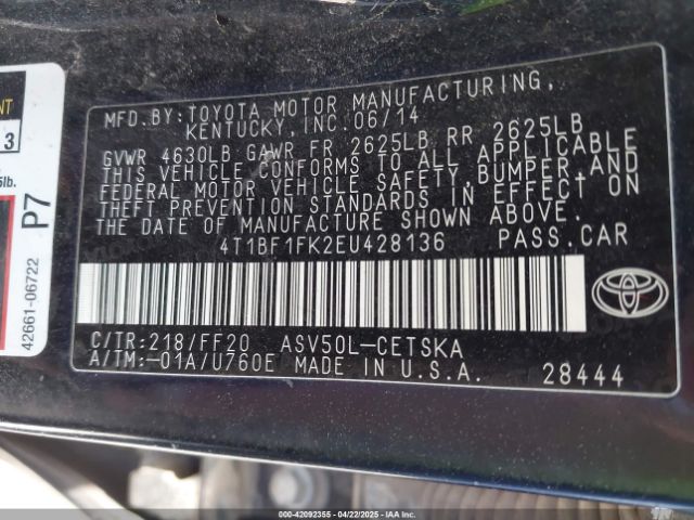 4T1BF1FK2EU428136 Toyota CAMRY SE