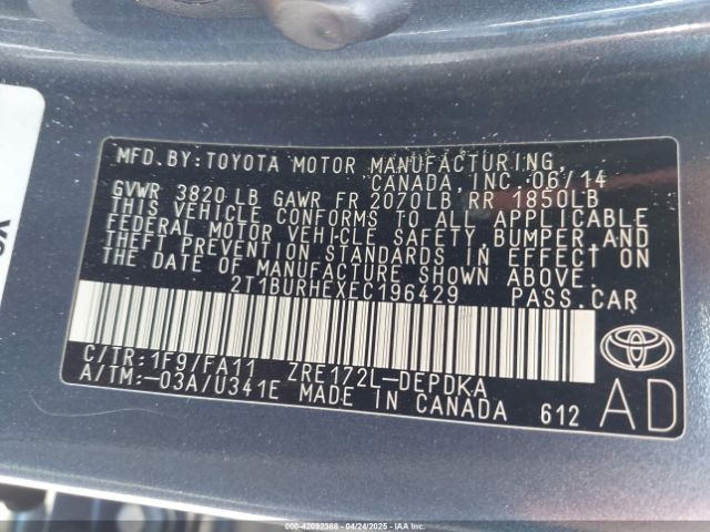 2T1BURHEXEC196429 Toyota COROLLA L