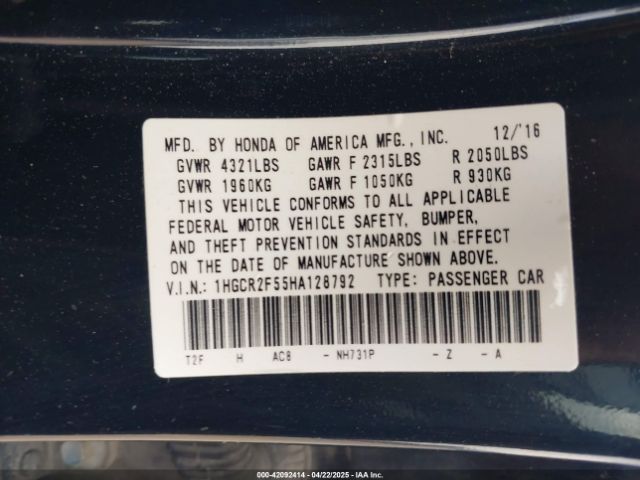 1HGCR2F55HA128792 Honda Accord Sport