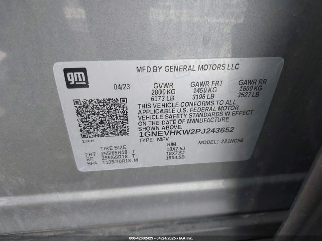 1GNEVHKW2PJ243652 Chevrolet Traverse Awd Lt Leather