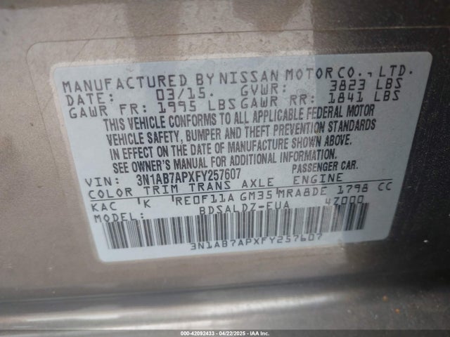 3N1AB7APXFY257607 Nissan SENTRA SV