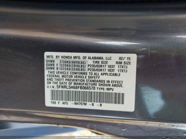 5FNRL5H68FB066570 Honda Odyssey Ex-l