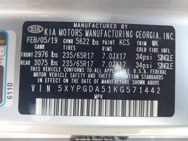 5XYPGDA51KG571442 KIA Sorento 3.3l Lx