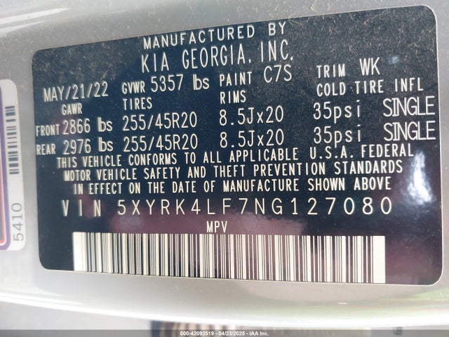 5XYRK4LF7NG127080 KIA SORENTO SX