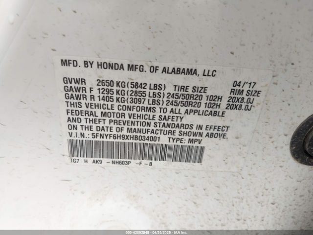 5FNYF6H9XHB034001 Honda Pilot Touring