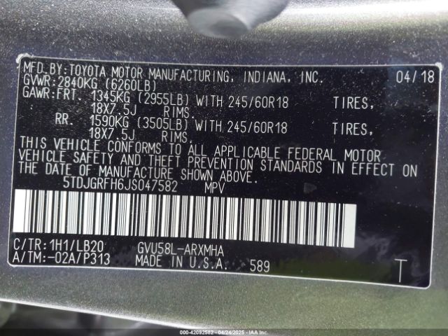5TDJGRFH6JS047582 Toyota Highlander Hybrid Xle