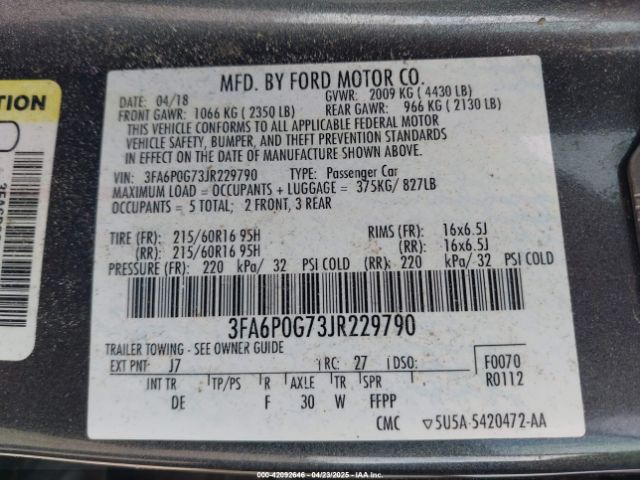 3FA6P0G73JR229790 Ford FUSION S
