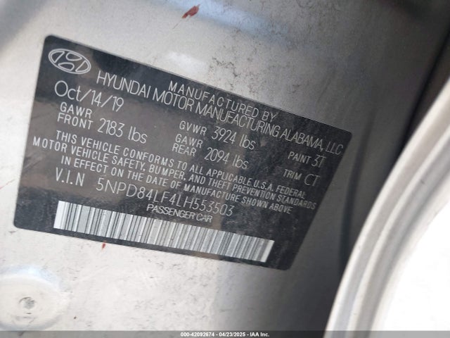 5NPD84LF4LH553503 Hyundai mpi nu