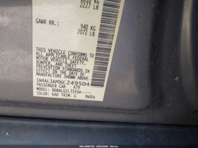 1N4AL3AP0GC249504 Nissan Altima 2.5/2.5 S/2.5 Sl/2.5 Sr/2.5 Sv