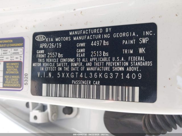 5XXGT4L36KG371409 KIA Optima S