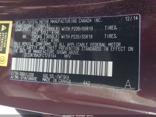 2T2ZK1BA2FC178144 Lexus RX 350