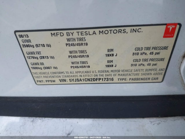2013 TESLA MODEL S 5YJSA1CN2DFP17316 Photo 8