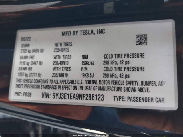 5YJ3E1EA9NF286123 Tesla Model 3 Rear-wheel Drive
