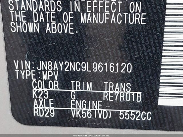 JN8AY2NC9L9616120 Nissan Armada Sl 4wd