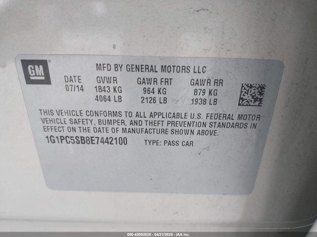 1G1PC5SB8E7442100 Chevrolet Cruze 1lt Auto