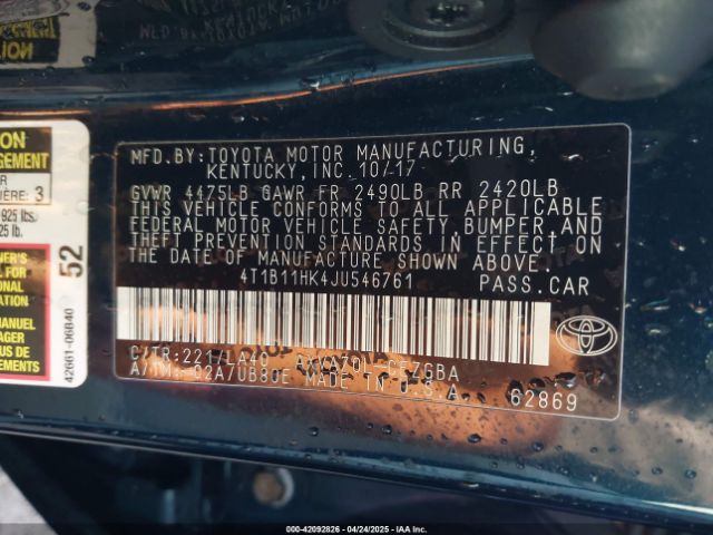 4T1B11HK4JU546761 Toyota CAMRY XLE