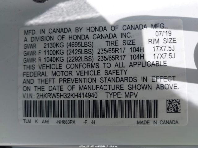 2HKRW5H32KH414940 Honda CR-V LX