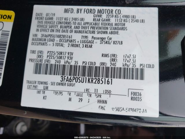 3FA6P0SU1KR285161 Ford Fusion Energi Titanium